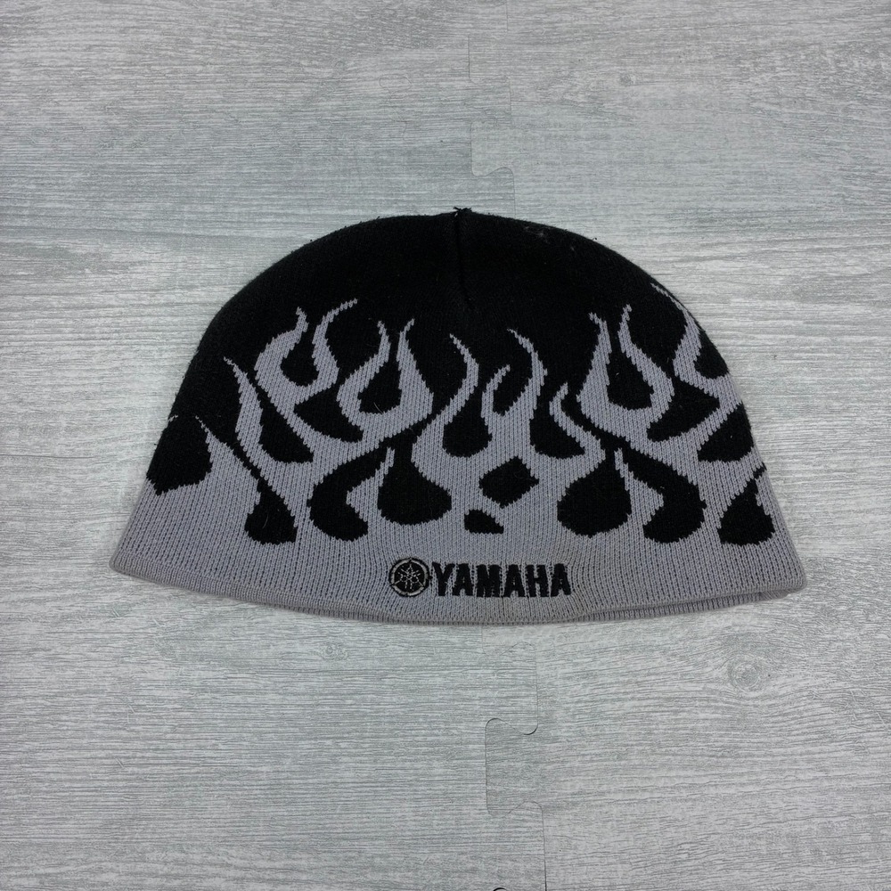 Vintage Y2k Yamaha Flames Beanie Hat Black Gray Fire Knit Skull Cap Racing Moto